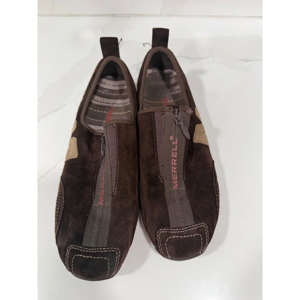 Merrell Barrado Leather Chestnut Brown Zip Front Slip On Sneakers Womens 7.5